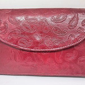 Vintage hand tooled red leather clutch
